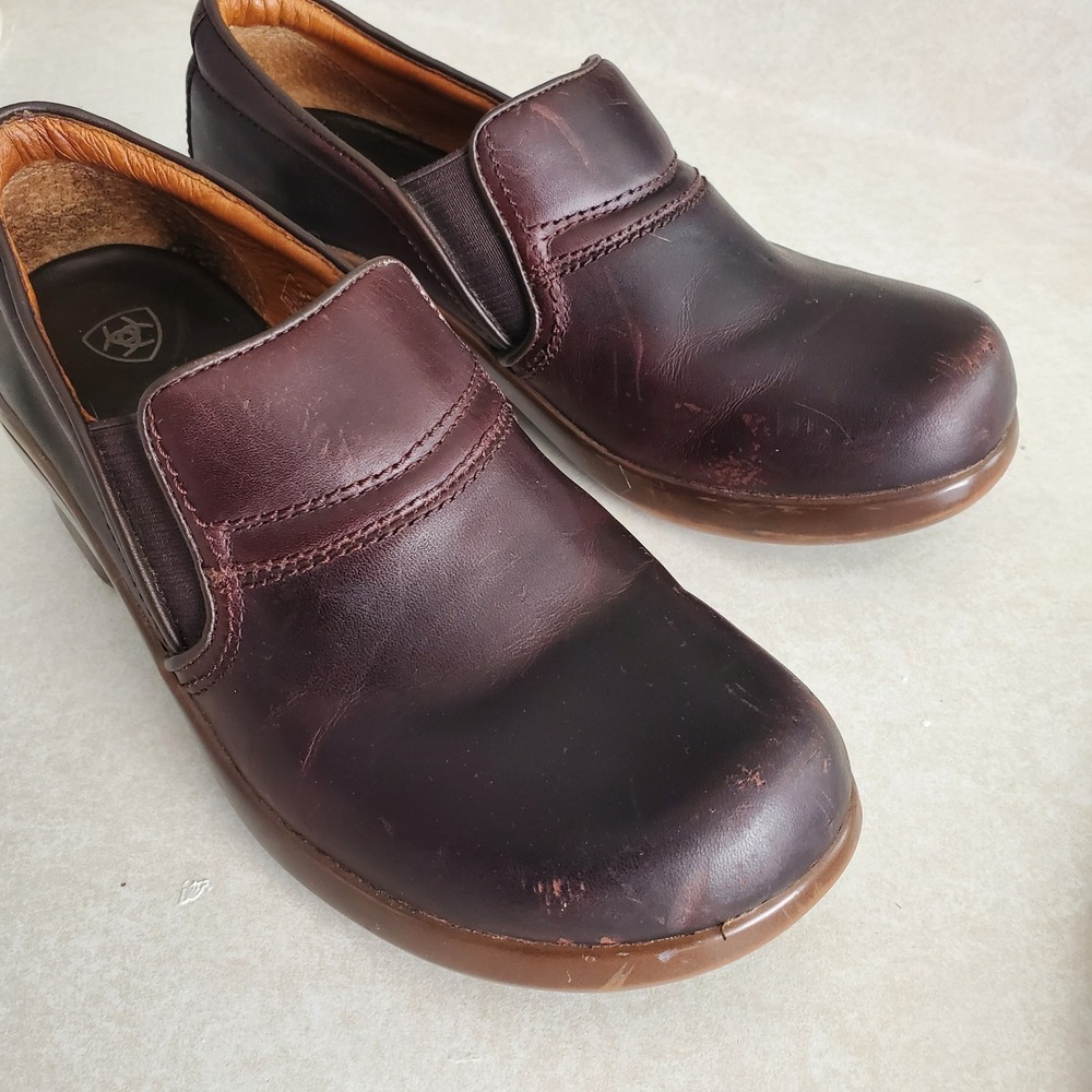 Ariat Sutter Brown Leather Slip On Wedge Shoes Comfort Antifatigue ATS Sole 8.5B - Picture 3 of 15